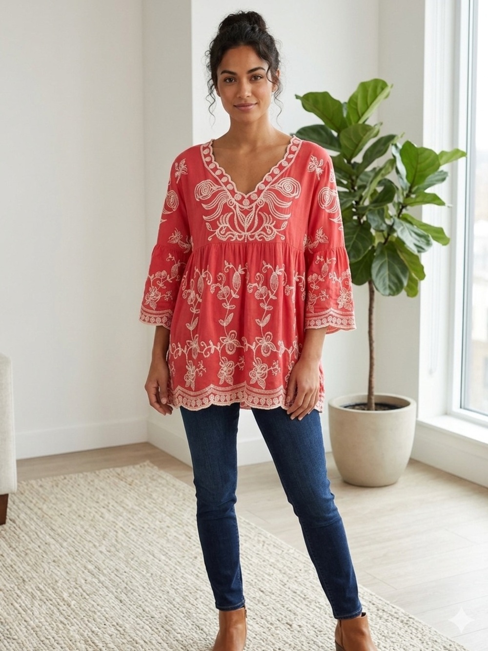 Embroidered Coral V-Neck Women's Top